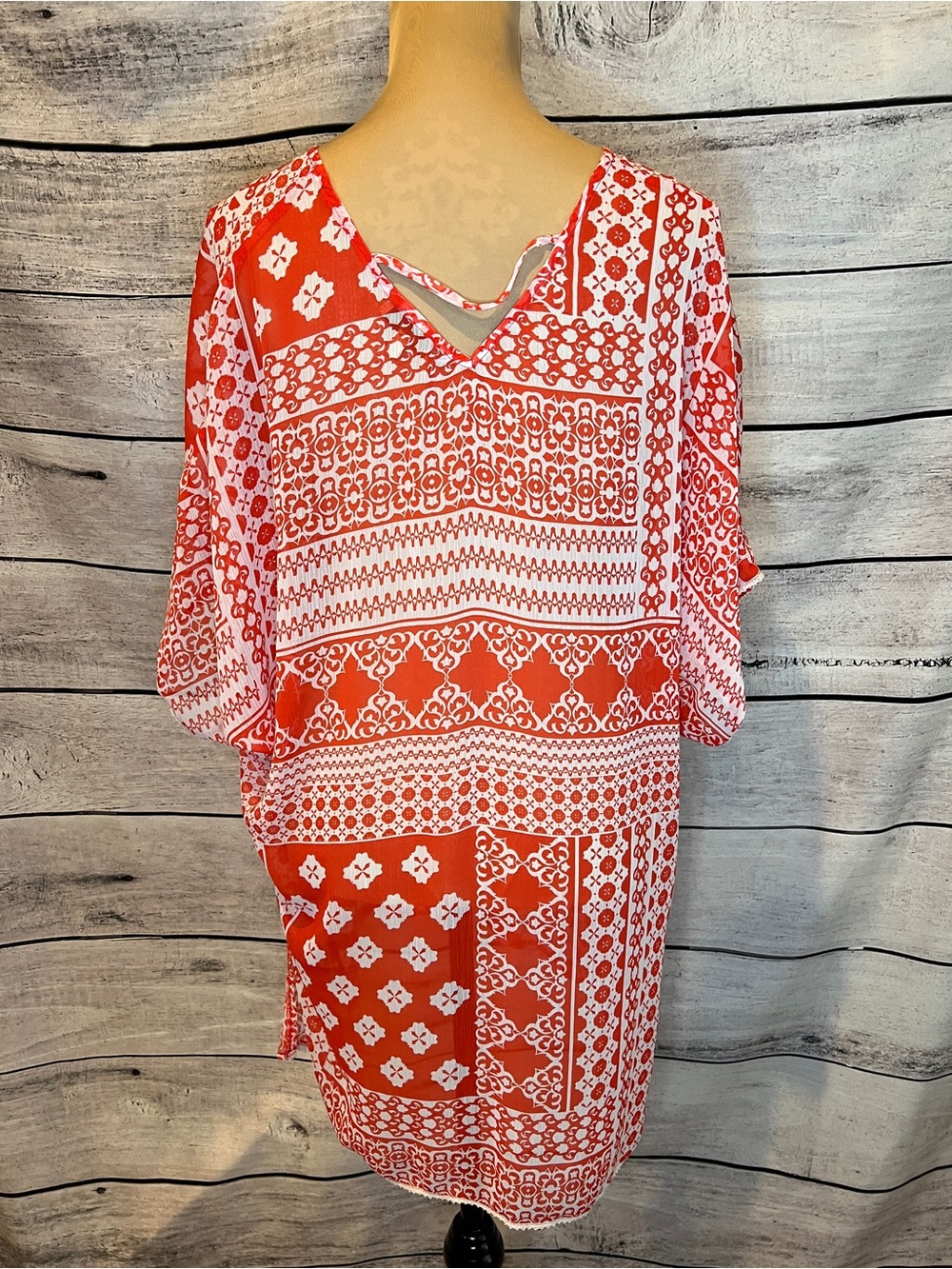 Democracy Orange & White Boho Floral Patterned Swim Coverup Tunic Sheer Light - Picture 4 of 8